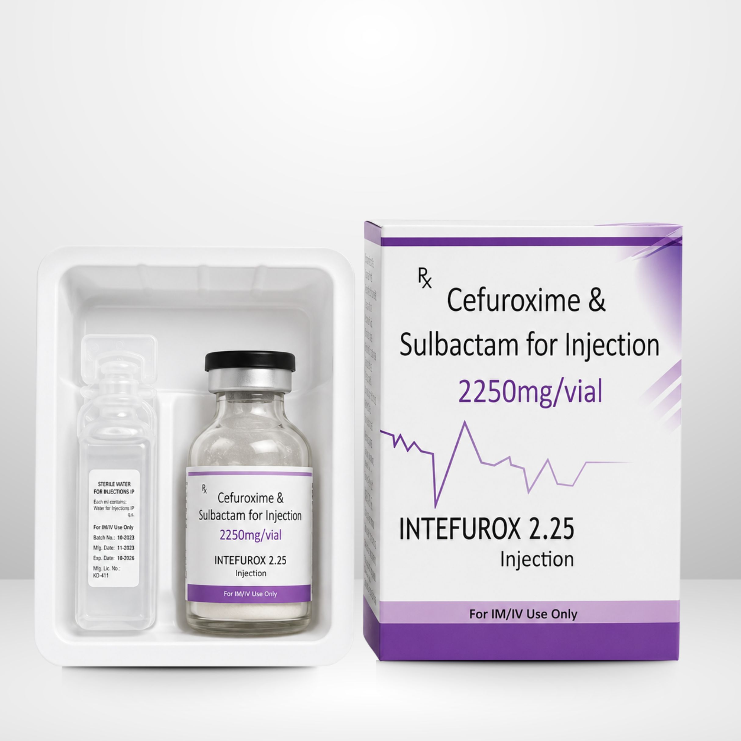 Cefuroxime and Sulbactam 2250mg Injection vial and packaging labeled Intefurox-2.25 by Integrated Laboratories for pharmaceutical use