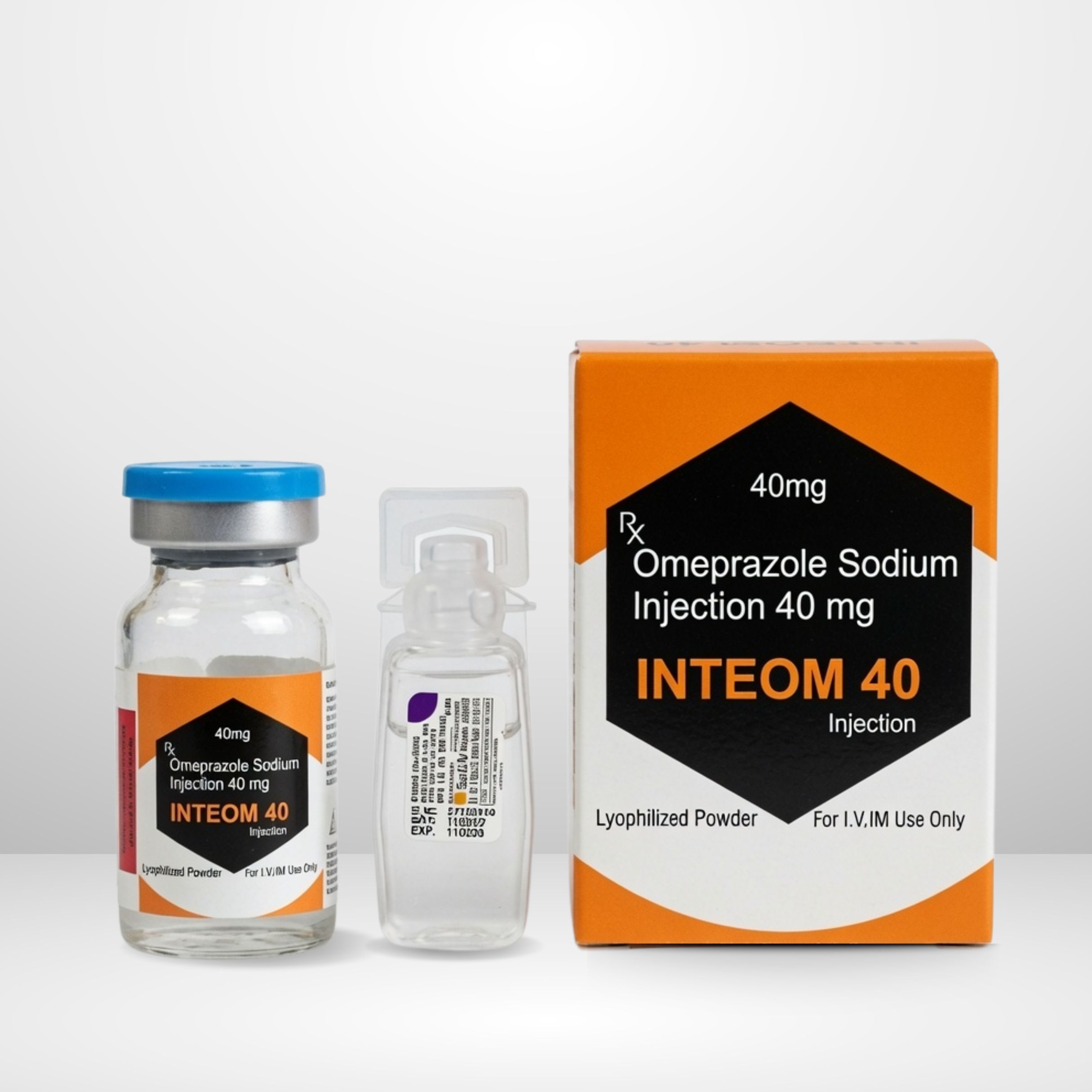 Omeprazole 40mg Injection vial and packaging labeled Inteom-40 by Integrated Laboratories for pharmaceutical use