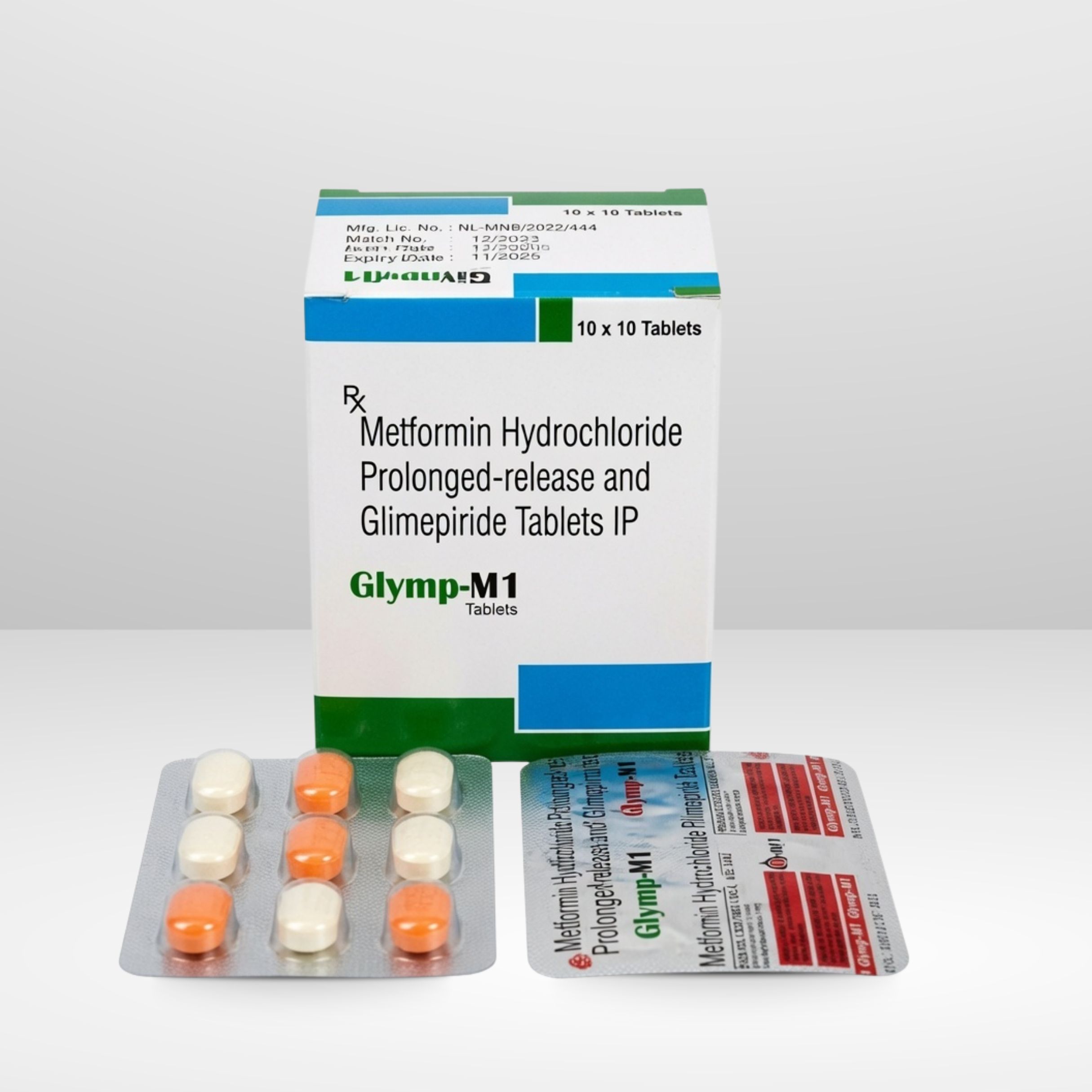 Blister pack and box of Glymp-M1 Metformin Hydrochloride and Glimepiride Sustained Release Tablets