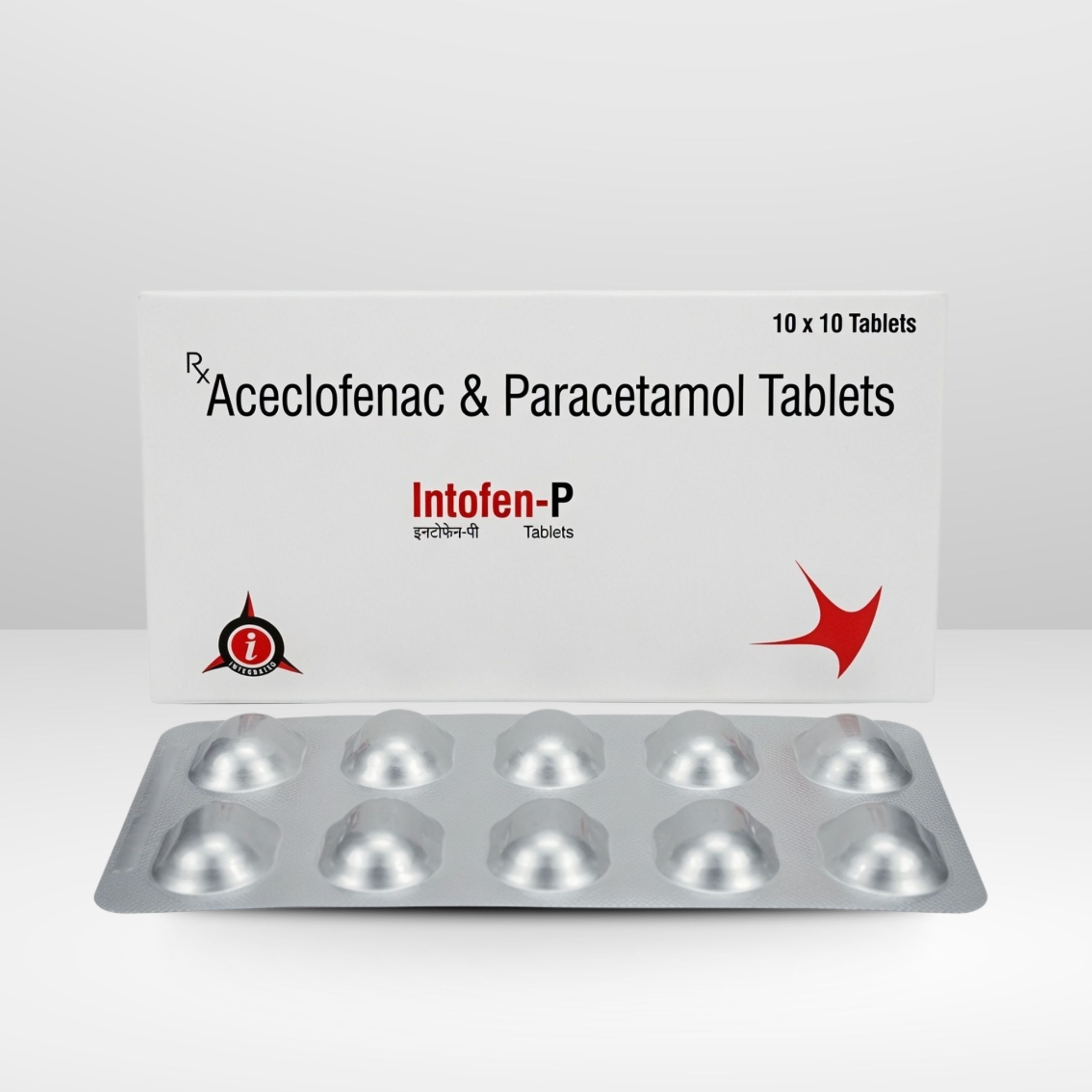 Blister pack and box of Intofen-P Aceclofenac and Paracetamol Tablets