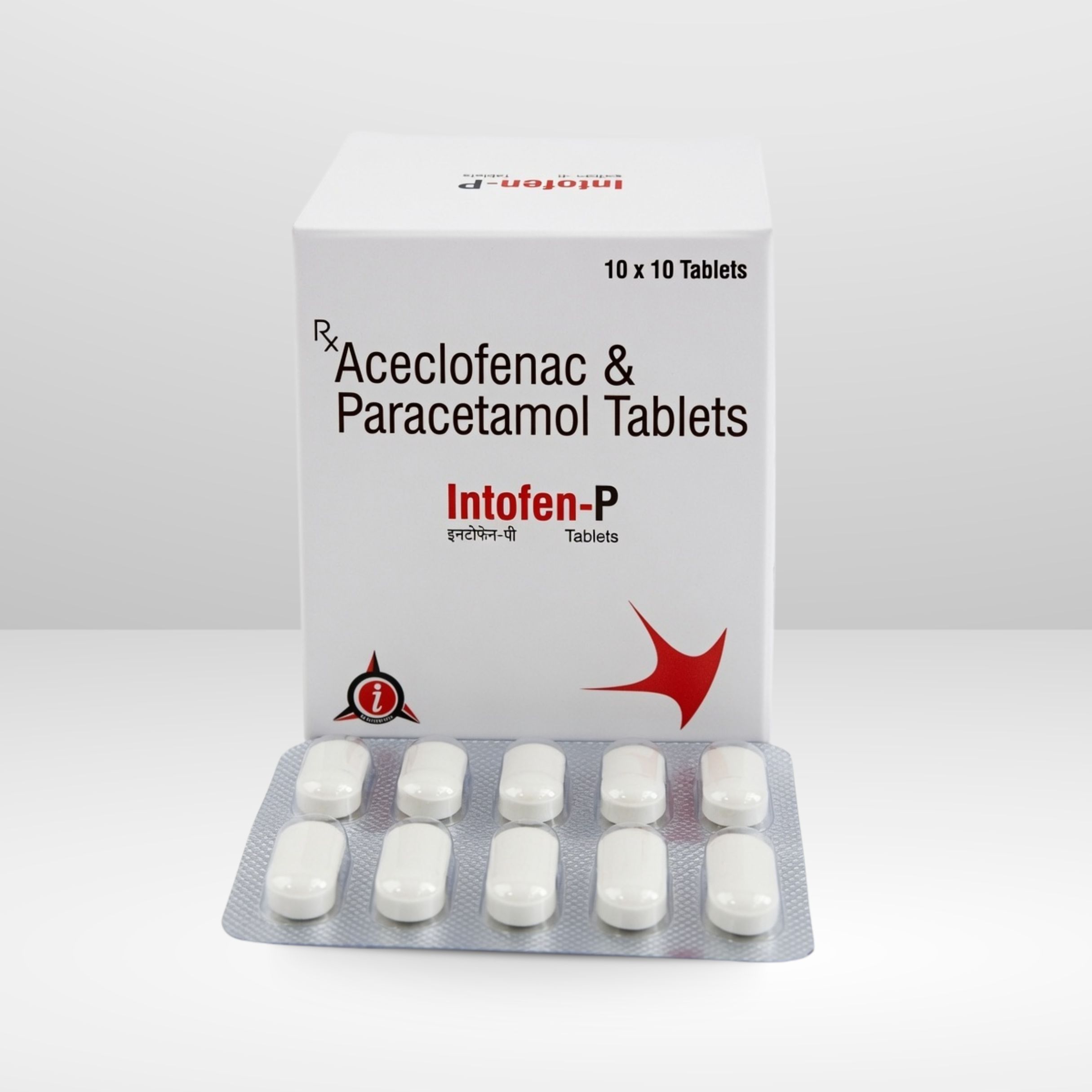 Blister pack and box of Intofen-P Aceclofenac and Paracetamol Tablets