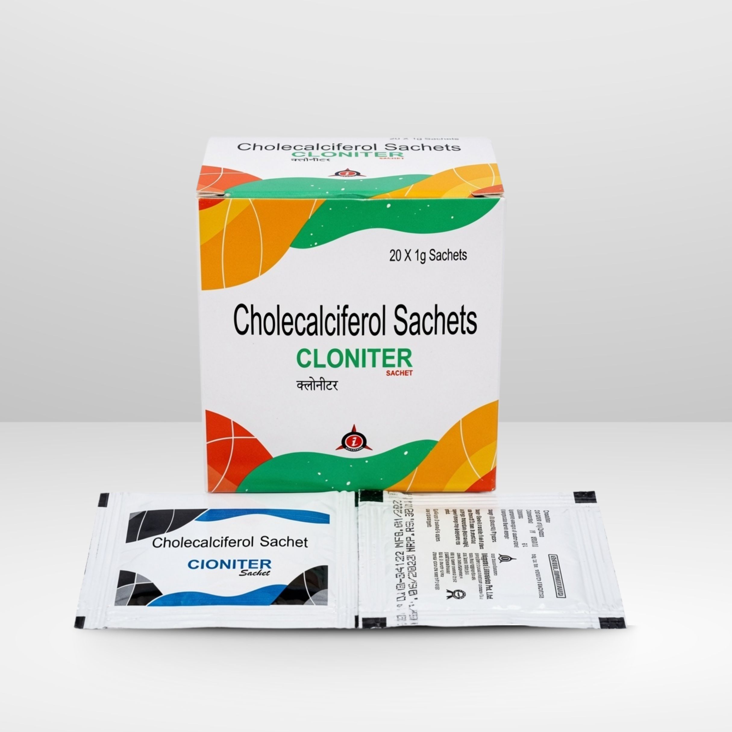 Pack and sachet of Cloniter Cholecalciferol (Vitamin D3) Granules