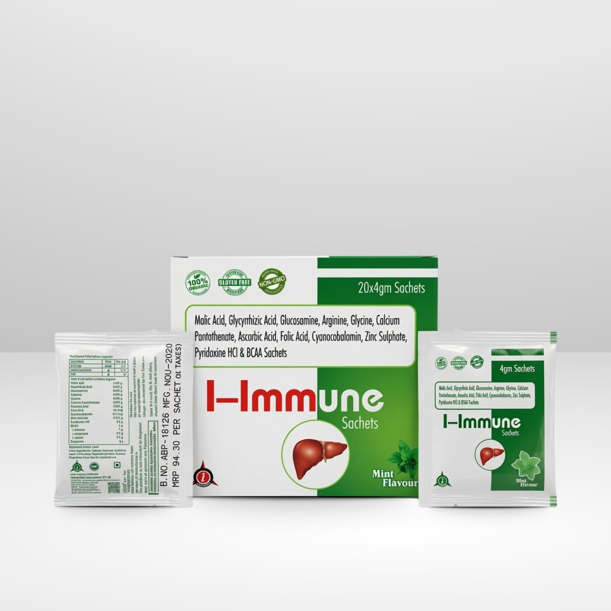 Pack and sachet of I-IMMUNE Malic Acid, Glycyrrhizic Acid, Glucosamine, Amino Acids, and Multivitamin Granules