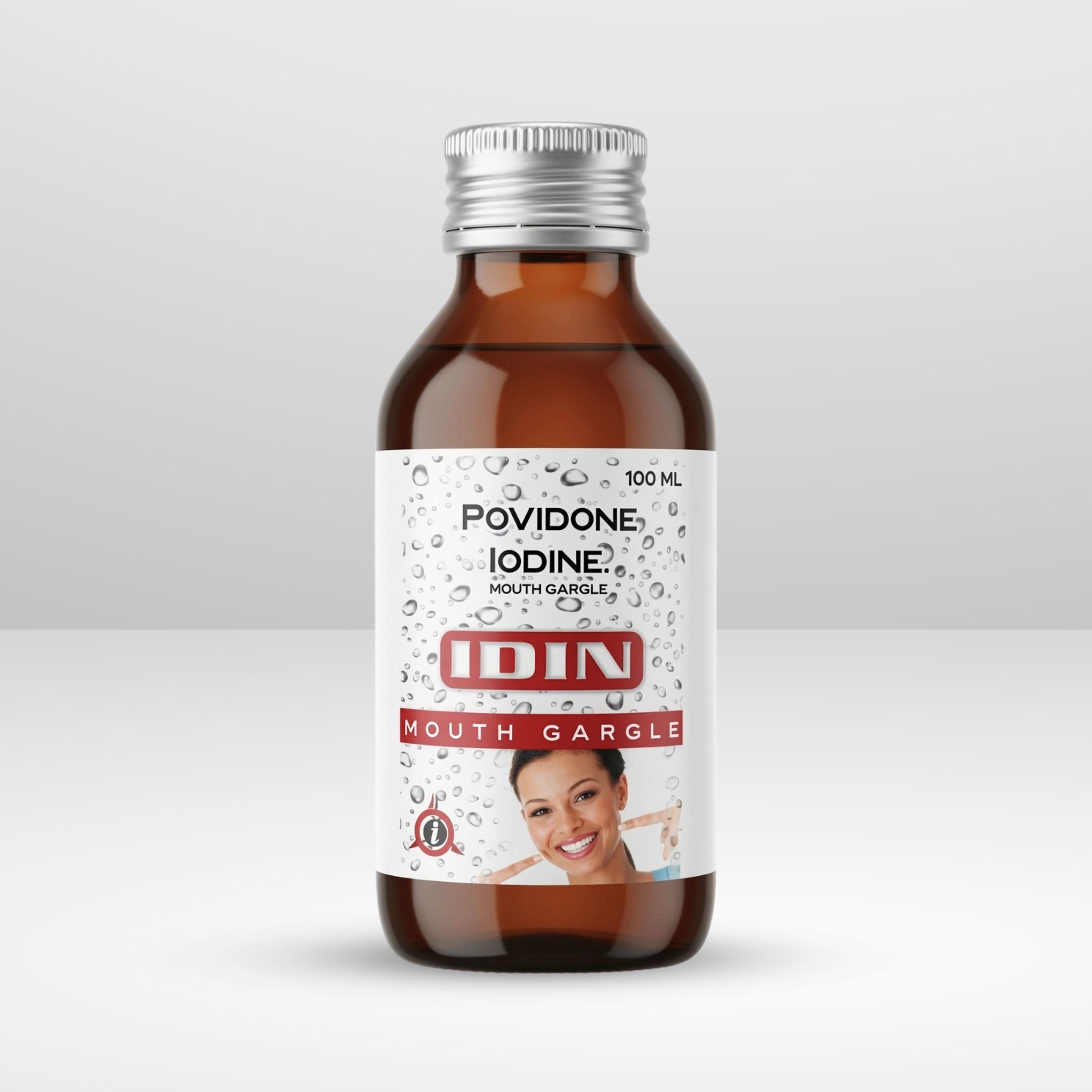 Bottle and box of IDIN Povidone-Iodine 1% Antiseptic Germicide Mouthwash and Gargle