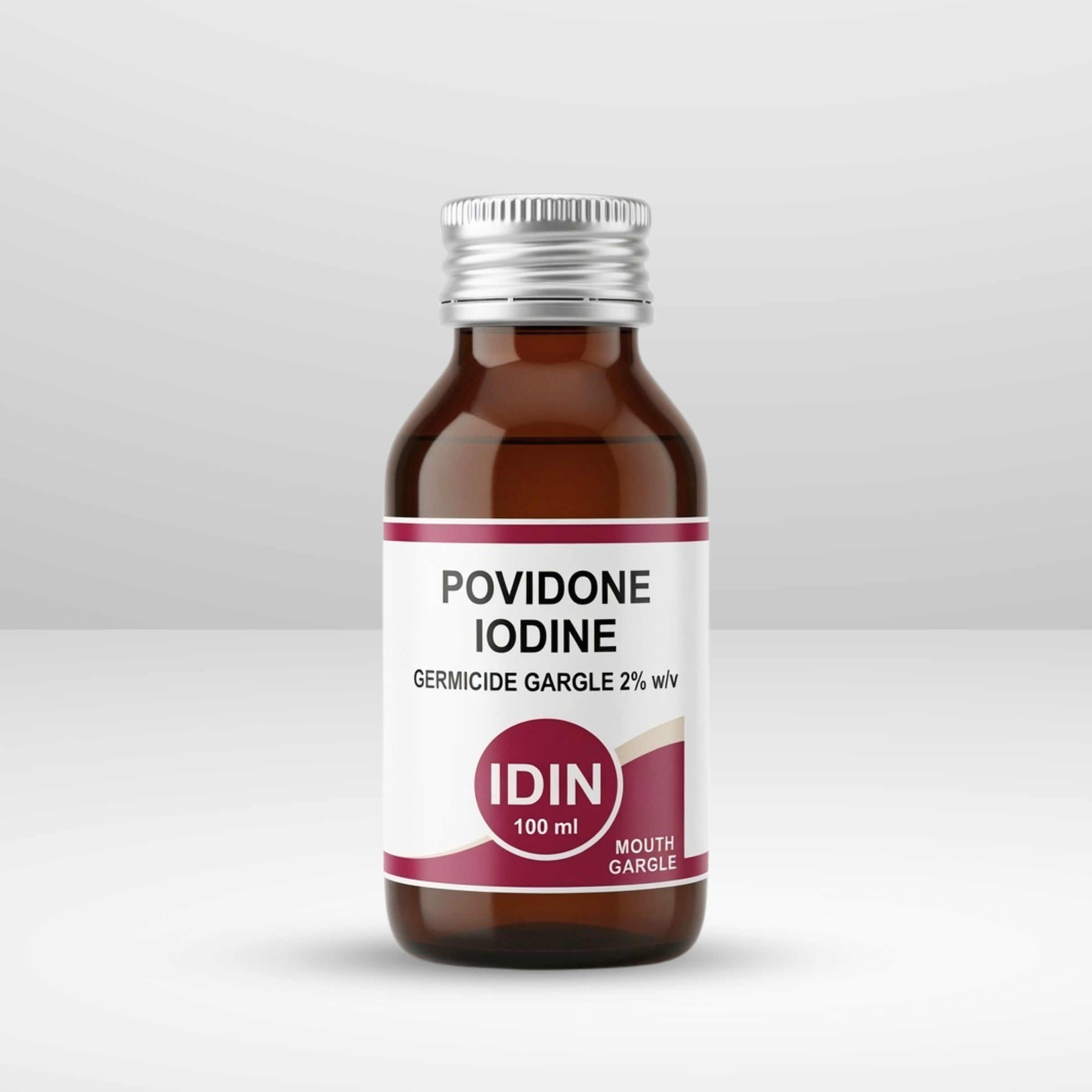 Bottle and box of Idin Povidone Iodine 2% w/v Antiseptic Gargle