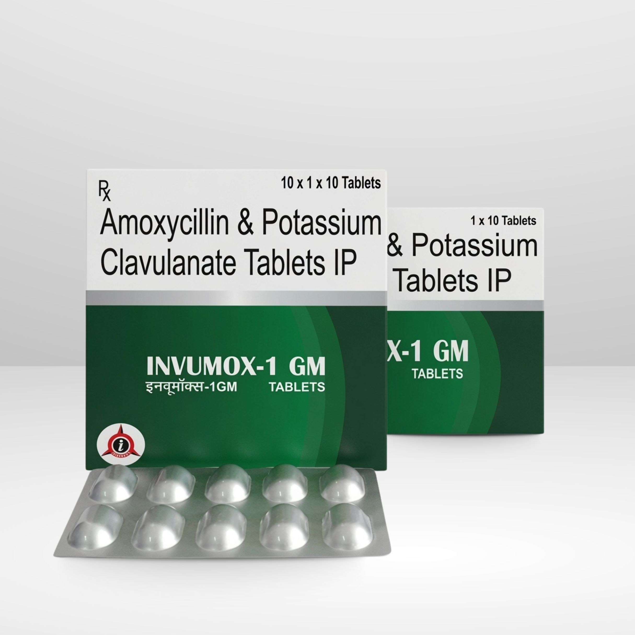 Blister pack and box of Invumox-1gm Amoxicillin and Potassium Clavulanate Tablets