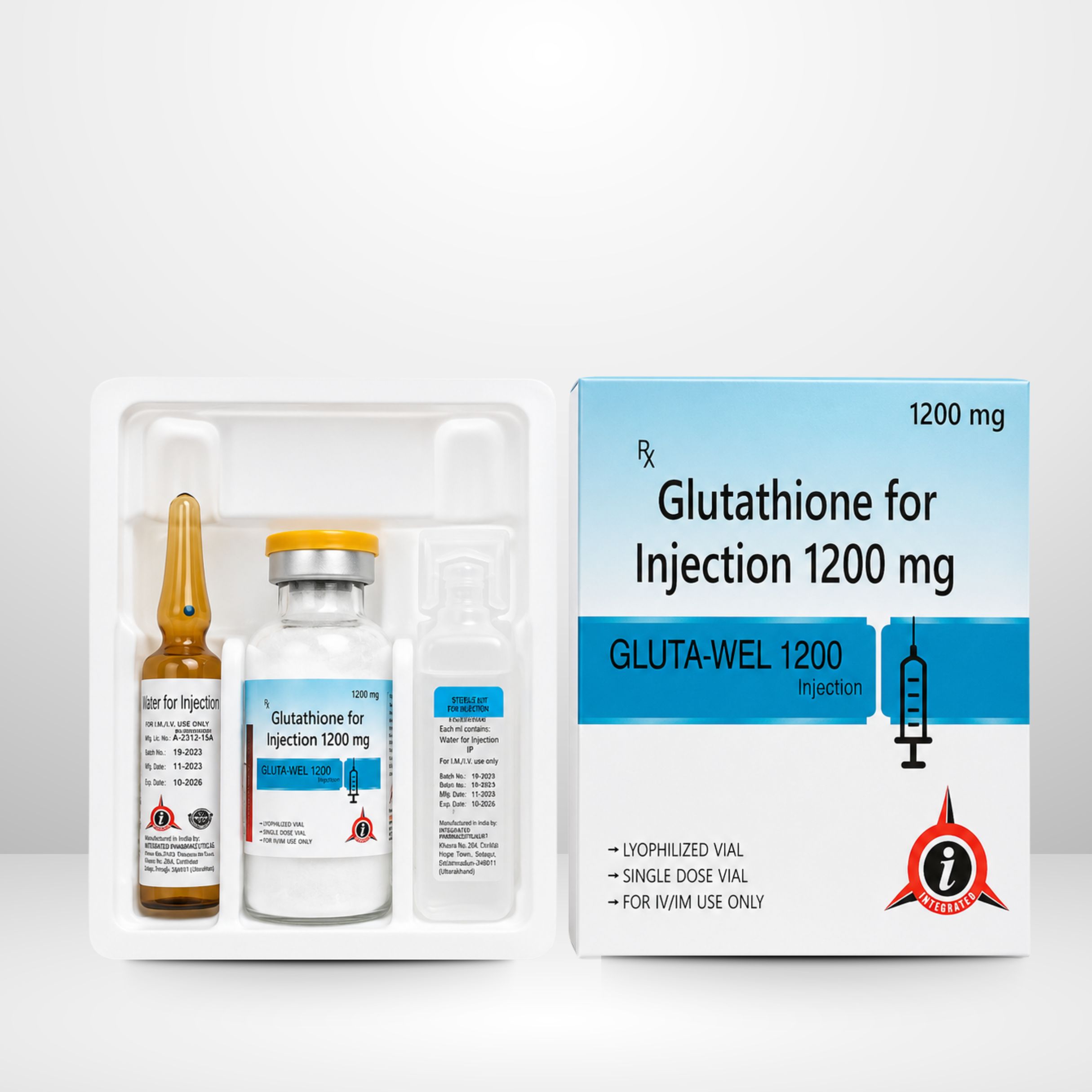 Glutathione Injection 1200mg vial and packaging labeled GLUTA-WEL 1200 by Integrated Laboratories for pharmaceutical use